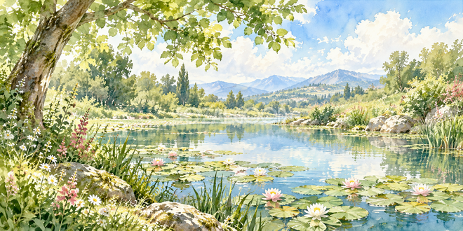 木陰の池の水彩風景 木陰の池の水彩風景