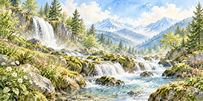 苔むす渓流の水彩風景