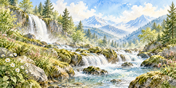苔むす渓流｜滝と渓谷の無料水彩風景イラスト素材 105949