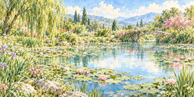 庭の睡蓮池の水彩風景 庭の睡蓮池の水彩風景