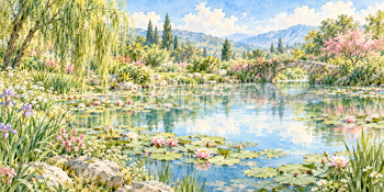 庭の睡蓮池｜池と睡蓮の無料水彩風景イラスト素材 105950