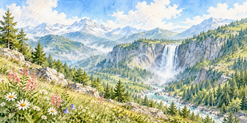 遠望の大滝｜滝と渓谷の無料水彩風景イラスト素材 105951