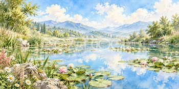 空映す池｜池と睡蓮の無料水彩風景イラスト素材 105952