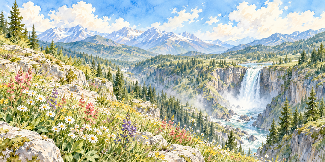 花咲く峡谷の水彩風景 花咲く峡谷の水彩風景
