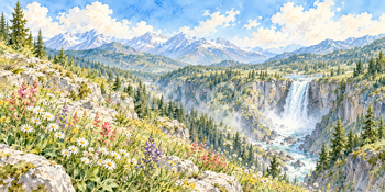 花咲く峡谷｜滝と渓谷の無料水彩風景イラスト素材 105953