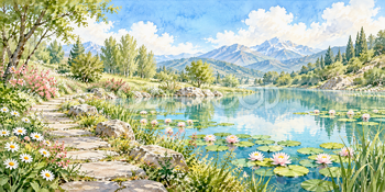 石畳と池｜池と睡蓮の無料水彩風景イラスト素材 105954