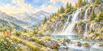 細い白糸の滝｜滝と渓谷の無料水彩風景イラスト素材 105955