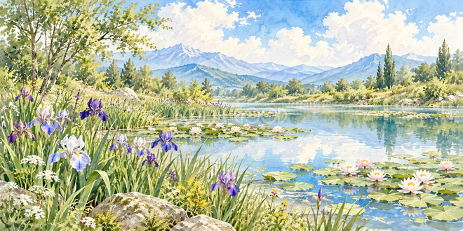 菖蒲の岸辺の水彩風景 菖蒲の岸辺の水彩風景