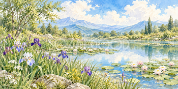 菖蒲の岸辺｜池と睡蓮の無料水彩風景イラスト素材 105956
