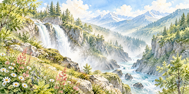 朝霧の渓谷の水彩風景