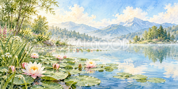 朝露の睡蓮｜池と睡蓮の無料水彩風景イラスト素材 105959
