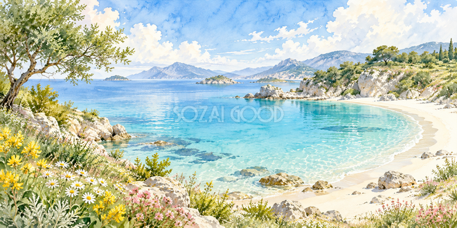 白砂の入り江の水彩風景