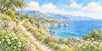 白い花の海道｜海辺の花道の無料水彩風景イラスト素材 105963