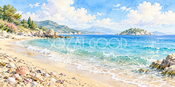 貝殻の浜｜青い海と砂浜の無料水彩風景イラスト素材 105964