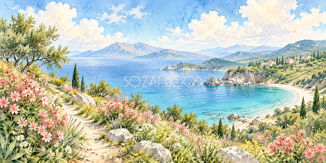 ピンクの花と湾の水彩風景 ピンクの花と湾の水彩風景