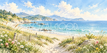 海へ続く道｜青い海と砂浜の無料水彩風景イラスト素材 105966