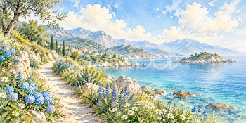 青い花の小道｜海辺の花道の無料水彩風景イラスト素材 105967