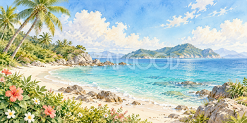 南の島｜青い海と砂浜の無料水彩風景イラスト素材 105968