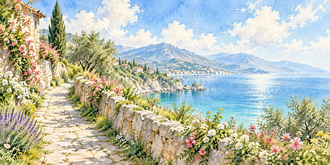 石垣の花道の水彩風景 石垣の花道の水彩風景