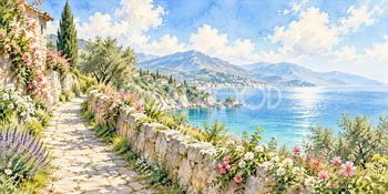 石垣の花道｜海辺の花道の無料水彩風景イラスト素材 105969