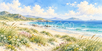 砂丘と海｜青い海と砂浜の無料水彩風景イラスト素材 105970