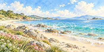 岩のある浜｜青い海と砂浜の無料水彩風景イラスト素材 105971
