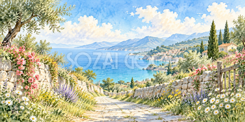 海を望む坂｜海辺の花道の無料水彩風景イラスト素材 105972