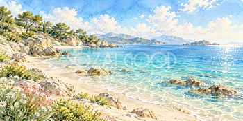 浅瀬の波紋｜青い海と砂浜の無料水彩風景イラスト素材 105973