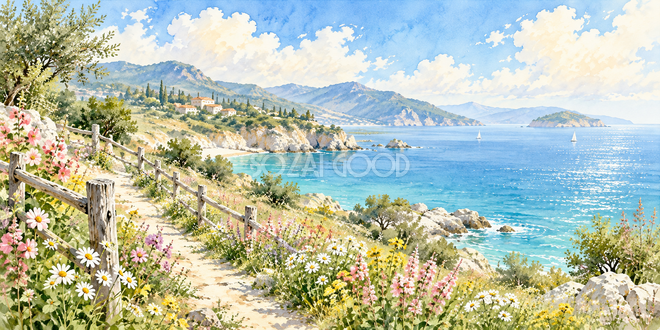 花咲く木柵の水彩風景 花咲く木柵の水彩風景