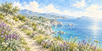 紫の花の岬道｜海辺の花道の無料水彩風景イラスト素材 105975
