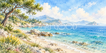 海辺の松｜青い海と砂浜の無料水彩風景イラスト素材 105976