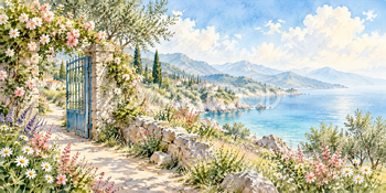 海辺の庭先｜海辺の花道の無料水彩風景イラスト素材 105977