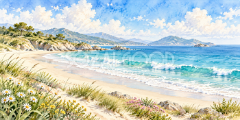 白波の砂浜｜青い海と砂浜の無料水彩風景イラスト素材 105978
