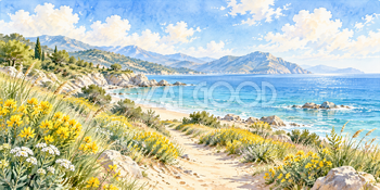 黄色い花の道｜海辺の花道の無料水彩風景イラスト素材 105979