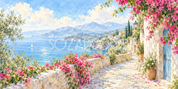 ブーゲンビリアの路地｜海辺の花道の無料水彩風景イラスト素材 105981