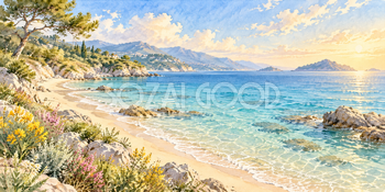 透き通る海｜青い海と砂浜の無料水彩風景イラスト素材 105982