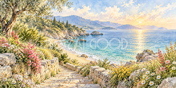 浜へ続く階段｜海辺の花道の無料水彩風景イラスト素材 105983