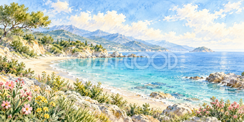 朝の渚｜青い海と砂浜の無料水彩風景イラスト素材 105984