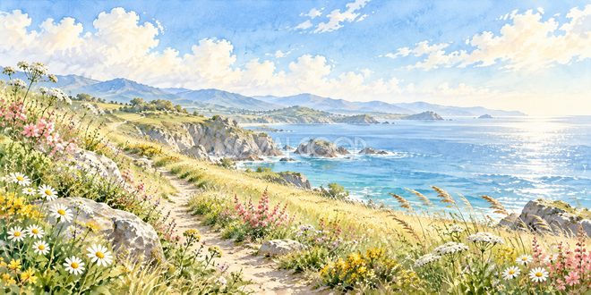 海風の花畑の水彩風景 海風の花畑の水彩風景