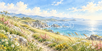 海風の花畑｜海辺の花道の無料水彩風景イラスト素材 105985