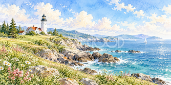 白い灯台｜灯台と岬の無料水彩風景イラスト素材 105989