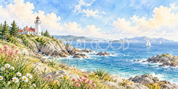 赤屋根の灯台｜灯台と岬の無料水彩風景イラスト素材 105991