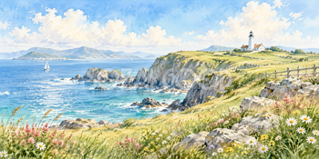 草原の岬｜灯台と岬の無料水彩風景イラスト素材 105993