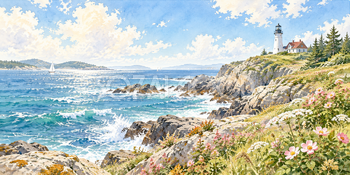 岩場と灯台｜灯台と岬の無料水彩風景イラスト素材 105995
