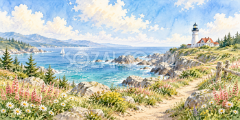 花咲く灯台道｜灯台と岬の無料水彩風景イラスト素材 105997