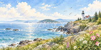 海鳥の岬｜灯台と岬の無料水彩風景イラスト素材 105999