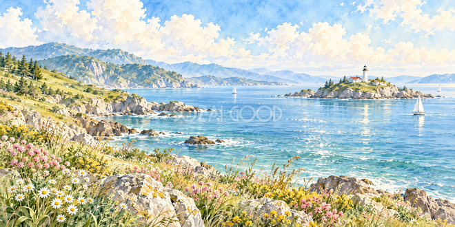 遠くの灯台の水彩風景