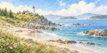 灯台下の浜｜灯台と岬の無料水彩風景イラスト素材 106003