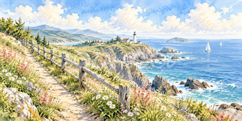木柵の岬道｜灯台と岬の無料水彩風景イラスト素材 106005