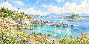 青い入り江｜灯台と岬の無料水彩風景イラスト素材 106007